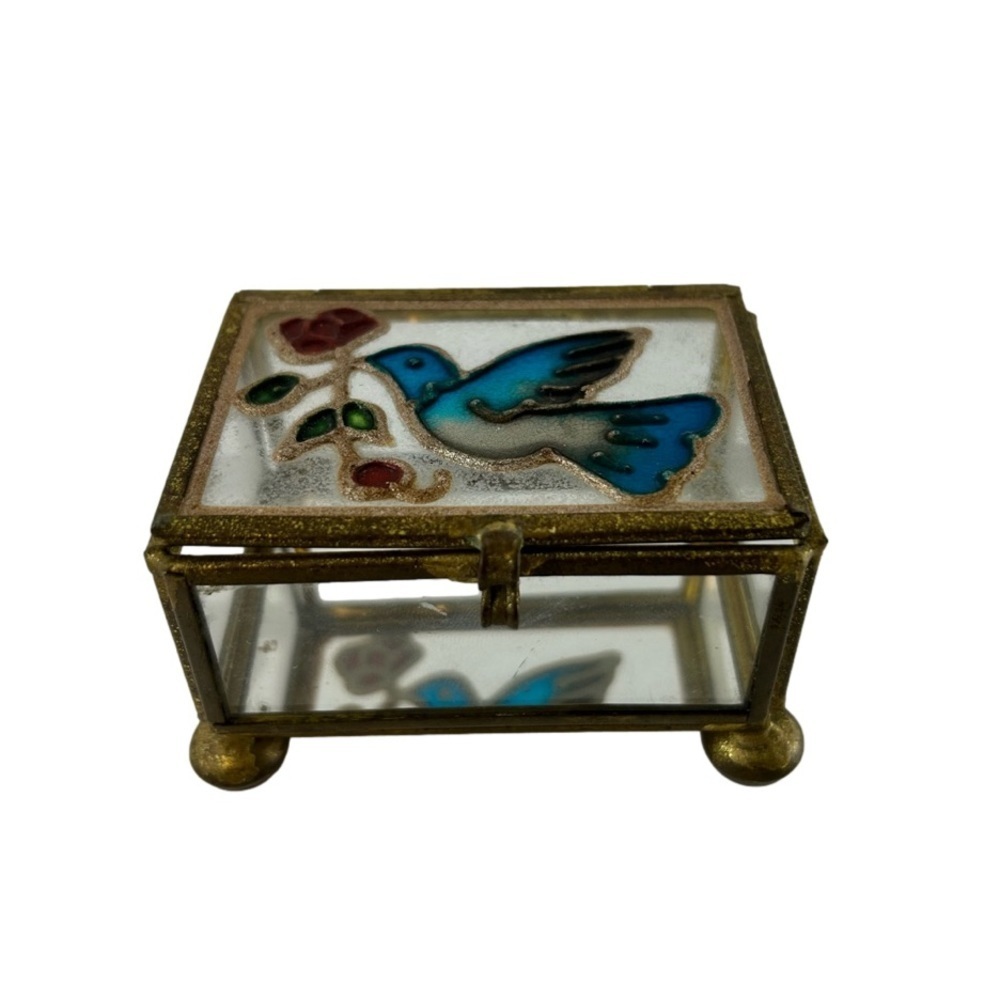 Vintage Footed Glass Trinket Casket  Display Box Bird Rose Mirrored Bottom